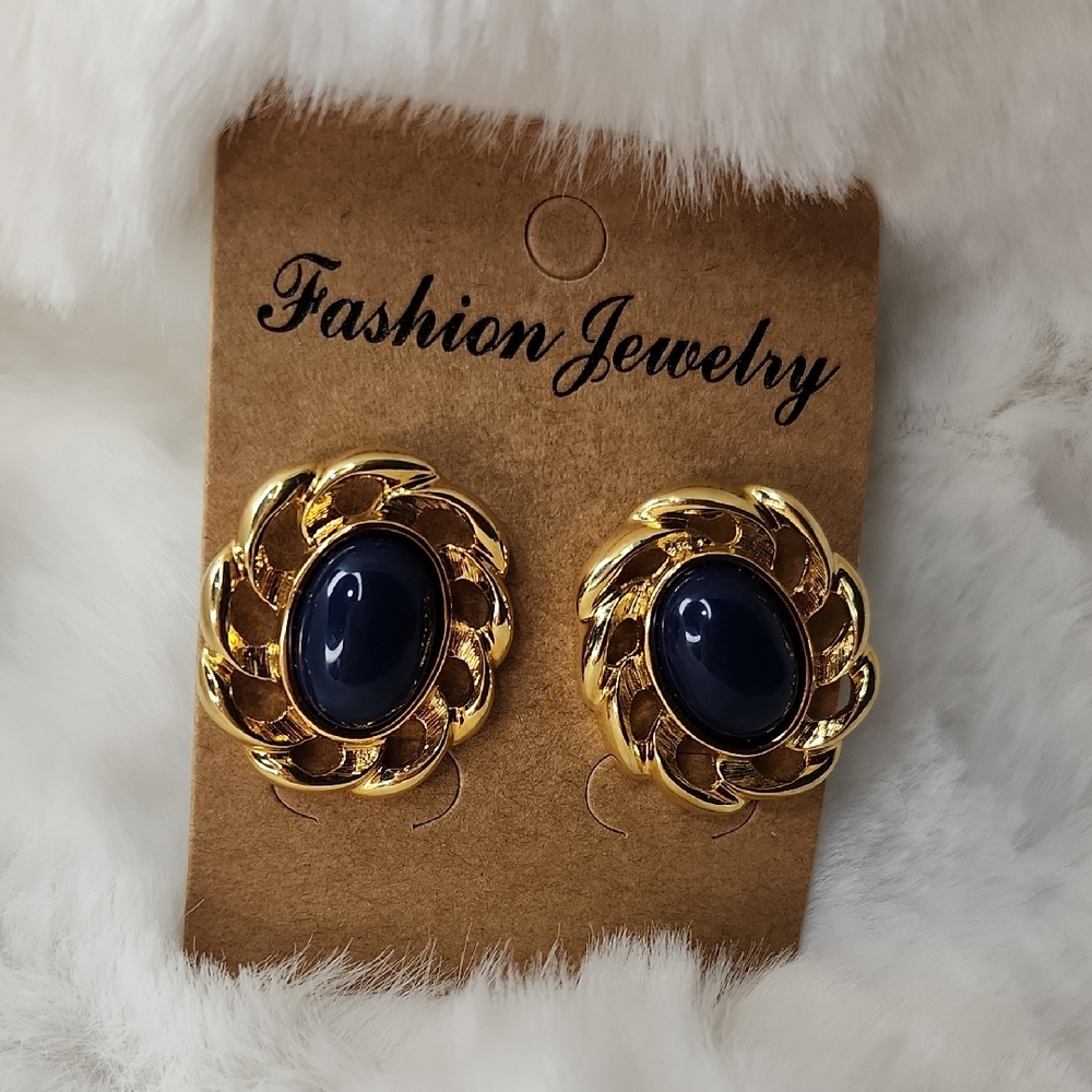 Vintage Signed Monet Jewelry Gold and Blue Clip On Statement Earrings